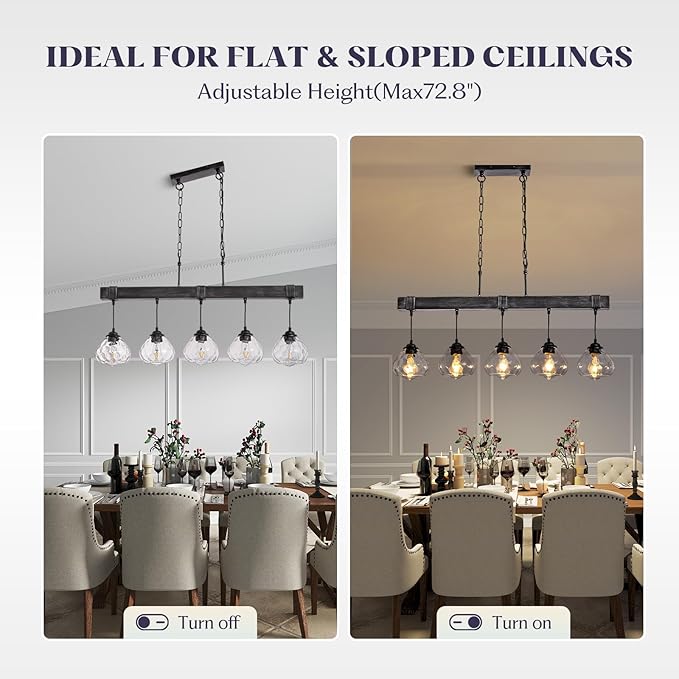 Linear Chandelier for Dining Room, Modern 5-Light Kitchen Island Lighting,Black Farmhouse Linear Chandelier with Glass Shades, L39IN+W5.5IN+H7.9IN