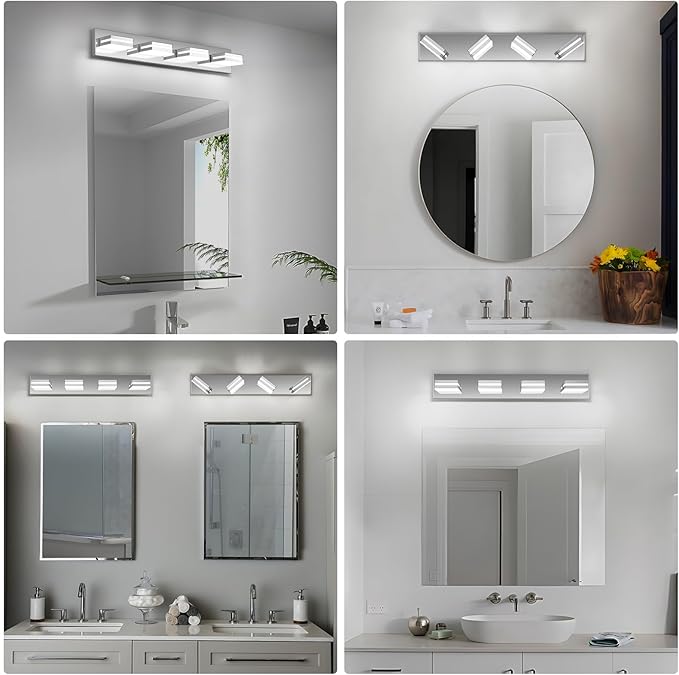 Modern LED Bathroom Lights Fixtures 4-Light,Stainless Steel Chrome Acrylic Wall Lighting,Vanity Lights for Bathroom Over Mirror 6000k 27in