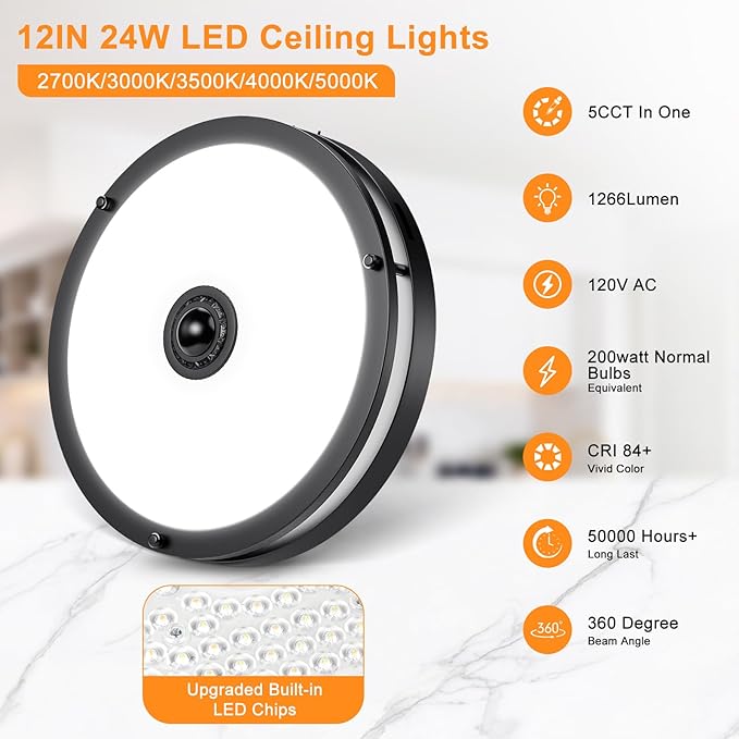 2 Pack 24W LED Motion Sensor Outdoor Ceiling Light, 12IN 2700K/3000K/3500K/4000K/5000K Adjustable Ceiling Lights, Dusk to Dawn Flush Mount LED Ceiling Light Fixture for Porch, Entryway, Garage