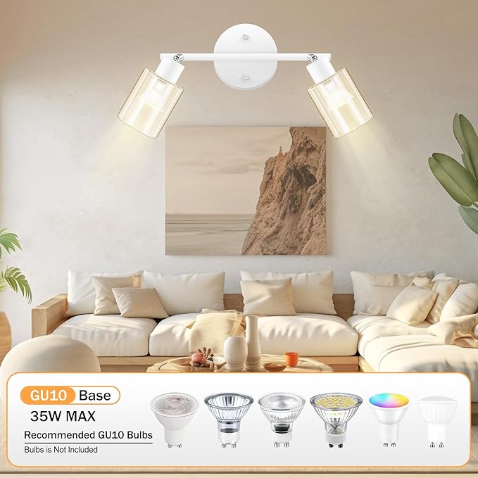 BoostArea 2-Light Bathroom Light Fixtures, White Modern Vanity Wall Lights with Clear Glass Shade, Flexibly Ceiling Light for Mirror Kitchen Living Room Hallway Cabinet Porch