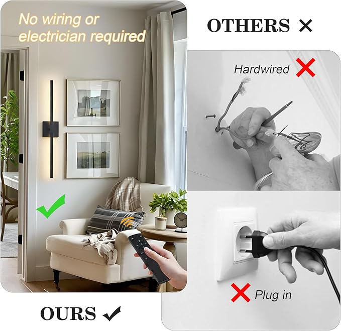 KARTOOSH 28.3 Inch Battery Operated Wireless Wall Sconce, 360° Rotatable Detachable Modern Wall Lamp with Remote Control Stepless Dimmable 3000K-6000K LED Light for Bedroom, Living Room Gallery Black