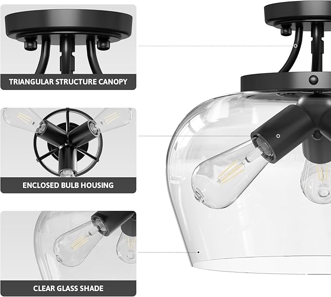 VONLUCE Semi Flush Mount Ceiling Light, 13.8" Ceiling Light Fixture with Clear Glass Shade, E26 Base, 3-Bulb Industrial Lighting Fixture for Hallway Entryway Bedroom, Matte Black, ETL Certificated