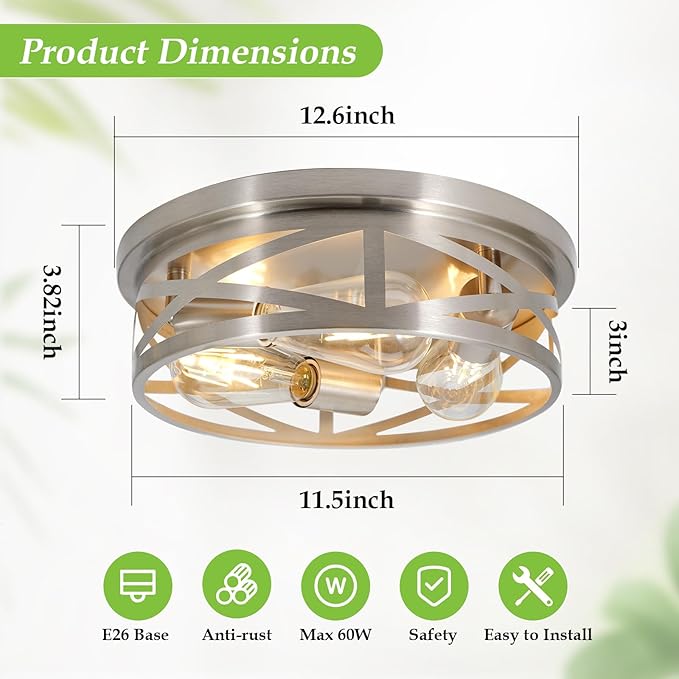 3-Light Flush Mount Ceiling Light Fixture, Farmhouse Ceiling Lights for Kitchen, Modern Black Close to Ceiling Light for Hallway Bedroom Balcony Porch Stairway, E26 (Silver, 1 Pack)