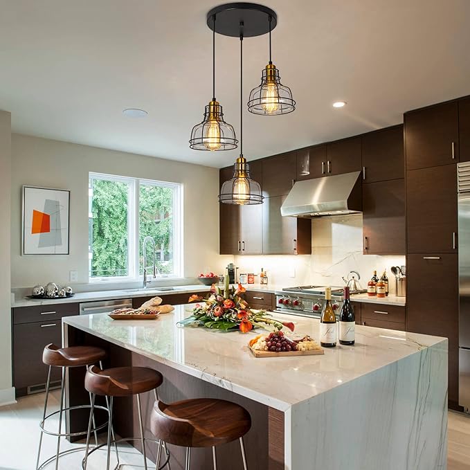 WILON Pendant Lighting for Kitchen Island, Industrial 3 Light Pendant Ceiling Light Fixture, Farmhouse Chandelier for Dining Room Cluster Pendant Light Fixtures Hanging Light with Clear Glass Shades