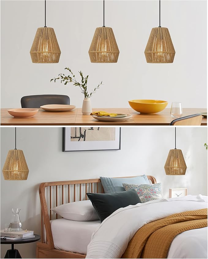 ELYONA 3 Pack Woven Pendant Lights, 7” Modern Boho Hanging Lamp with Handwoven Woven Rattan Shade, Adjustable Farmhouse Coastal Pendant Light Fixtures for Kitchen Island,Dining Room,Bar, Foyer Hallway