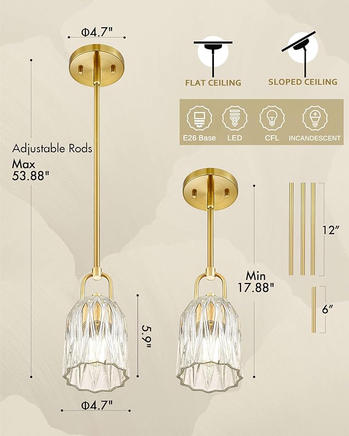 FEMILA 3 Pack Gold Pendant Light, 5" Modern Chandeliers for Dining Room Kitchen Hotel, E26 Base, 4FH83MIL-3PK BG