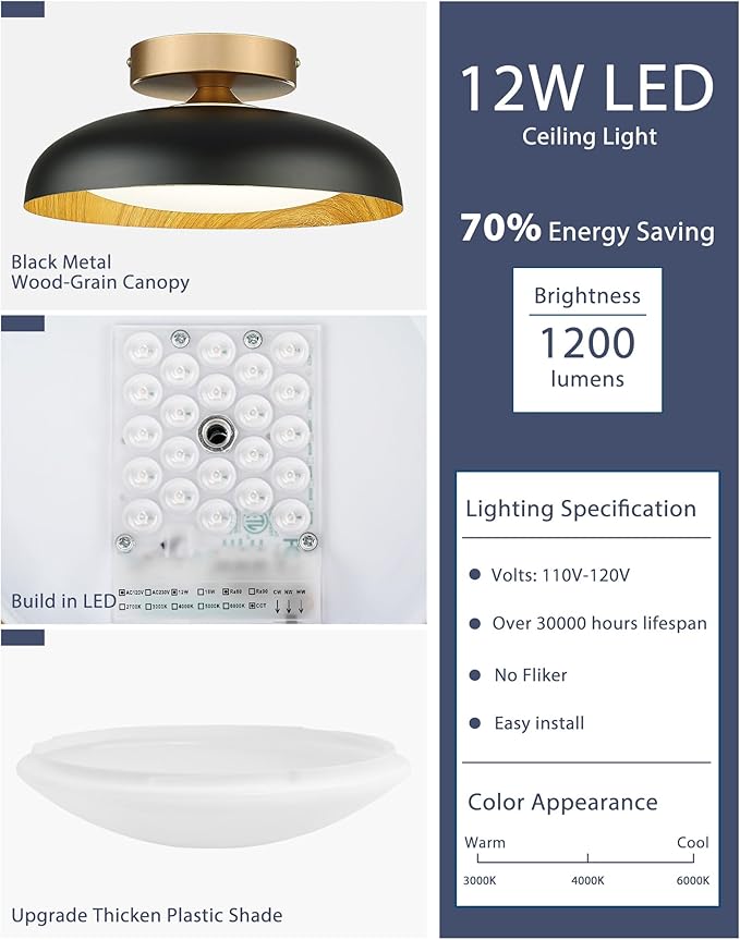 kudos Flush Mount Ceiling Light,12-inch LED Ceiling Light Fixture,Painted Wood-Grain Finish,12W/700lm Hanging Light Fixture for Bedroom,Hallway,3000K/4000K/6000K Adjustable, KDCL10-BK