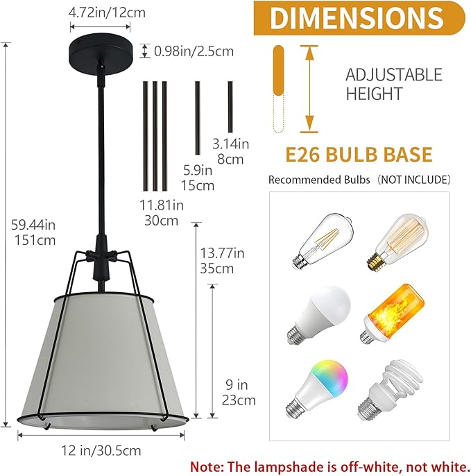 Modern Pendant Light Fixtures with 13" Off-White Linen Fabric Shade, Adjustable Hanging Light Fixture,Drum Black Vintage Chandelier for Kitchen Island Bedroom Dining Room Foyer Entryway