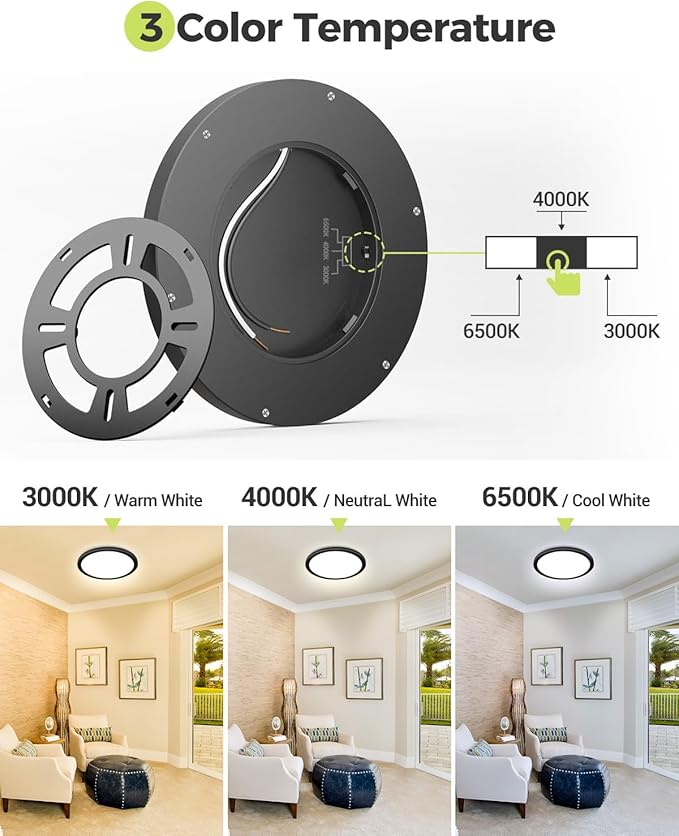 1PACK LED Flush Mount Ceiling Light Fixture Black, 9Inch 24Watt, 3000k/4500k/6000K Ceiling Light, Ultra Slim Flush Mount LED Ceiling Lamp for Bedroom, Living Room, Kitchen, Hallway