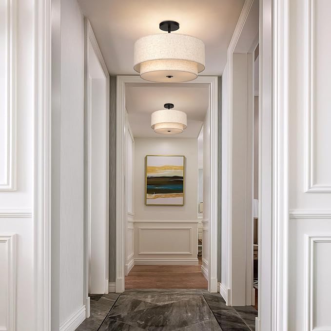 FRIDEKO HOME Ceiling Light Fixture-15.7 inch Light Fixtures Ceiling Mount with 2-Layer Fabric Shade Drum Light Fixture for Bedroom Living Room Kitchen Foyer Hallway