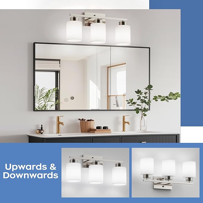 PARTPHONER 3-Light Brushed Nickel Bathroom Light Fixtures, Modern Vanity Light Over Mirror Lighting, Wall Sconce with Frosted Milky White Glass Shades for Bedroom Living Room Kitchen Hallway