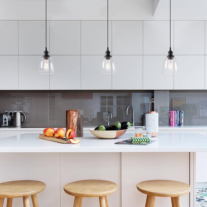 Industrial Mini Pendant Light Fixture Modern Clear Glass Adjustable Cord for Kitchen Island Dining Room Sink, Black, 3 Packs