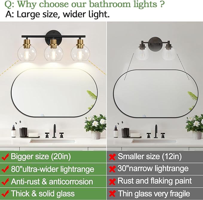 Indoi 3-Light Bathroom Light Fixtures, Black and Gold Bathroom Lights Over Mirror with Clear Glass Globe Shade, Vanity Lights for Bathroom Kitchen Living Room Hallway Cabinet Bedroom Porch