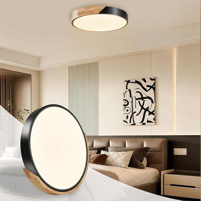 Modern Flush Mount Ceiling Light, Wood Ceiling Light Fixture, Warm White 3000K Not Dimmable, Minimalist Ceiling Lamp with Acrylic Lampshade for Bedroom, Living Room, Hallway(Black, 11.8")