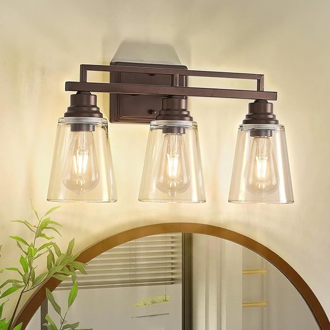 Refice Bathroom Vanity Lights, Bathroom Light Fixtures Over Mirror, Oil Rubbed Bronze 3-Light Wall Lamps Vintage with Clear Glass Shades for Mirror, Living Room, Farmhouse, Hallway