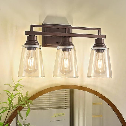 Refice Bathroom Vanity Lights, Bathroom Light Fixtures Over Mirror, Oil Rubbed Bronze 3-Light Wall Lamps Vintage with Clear Glass Shades for Mirror, Living Room, Farmhouse, Hallway