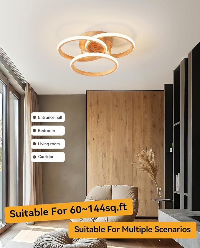 Dimmable LED Semi Flush Mount Ceiling Light Fixture with Remote Control 3-Color Dimming Circle Modern Light, Close to Ceiling Bedroom Kitchen Hallways Balcony Corridor Lamp (15in- 3 ring LightWood)