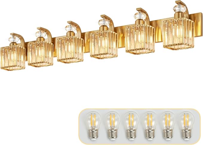 Modern Bathroom Vanity Light, 6-Light Gold Bathroom Lighting Fixtures Over Mirror, 44.1" Crystal Wall Light Sconce for Bathroom/Bedroom/Vanity, Includes LED Bulbs, Easy Installation