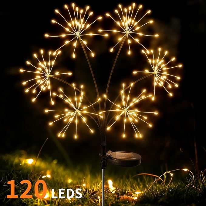 JJGoo 2 Pack Solar Garden Lights Outdoor Waterproof, New Upgraded 6 Branches Firework Starburst Lights with 2 Modes, Solar Fairy Lights for Yard Garden Patio Pathway Party Decor - Warm White