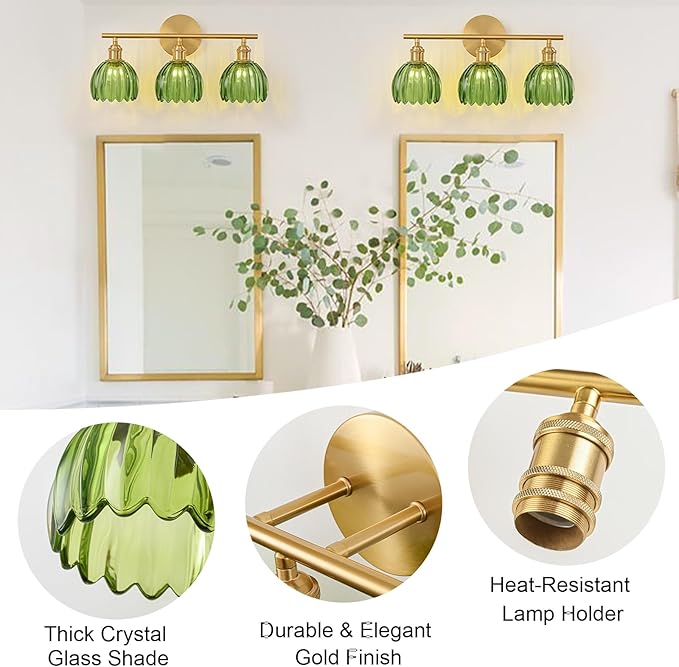 Gold Bathroom Light Fixtures Over Mirror, 3 Light Bathroom Vanity Light Fixture with Tulip Green Glass Lampshade, Vintage Vanity Lights for Bathroom, Bathroom Vanity Lights Over Mirror
