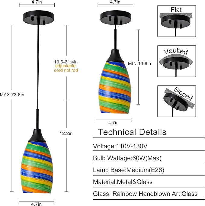 Viinew Mini Glass Pendant Light,4.72" Rainbow Hanging Lights 1-Pack Handblown Oval Rainbow Art Glass Hanging Pendant Light for Kitchen Island,Dining Room,Living,Foyer,Hallway, Entry