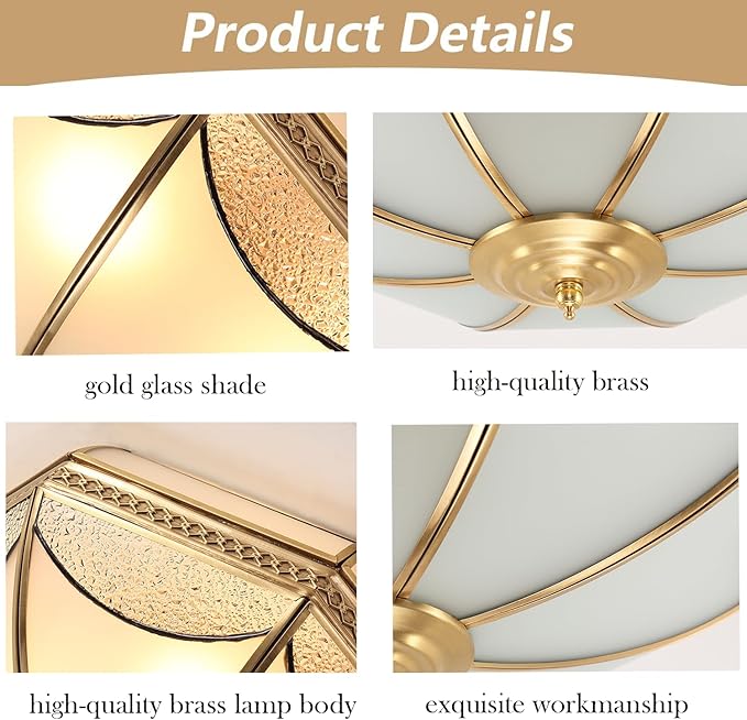 Brass Flush Mount Ceiling Light,3-Lights Dining Room Light Fixture,Frosted Glass Gold Lighting Fixture,Vintage Style Ceiling Lamp for Living Room Bedroom