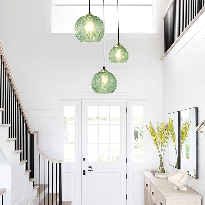 3-Light Glass Globe Light for Kitchen Island, Mid-Century Modern Pendant Ball Chandelier with Green Ribbed Lampshade, Vintage Hanging Ceiling Light Fixture for Dining Room, Over Sink, Table