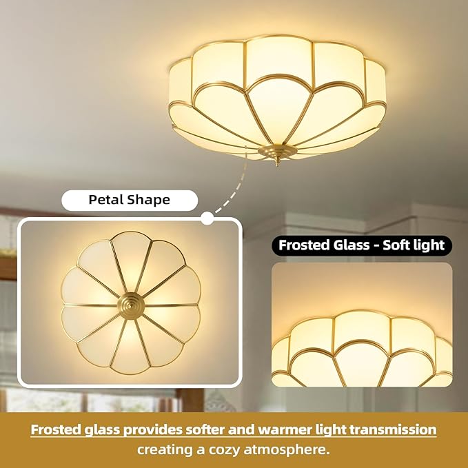 Brass Vintage Gold Ceiling Light - Large 17.7 Inch Milk Glass Mid Century Flush Mount Lighting Fixtures - Art Deco Antique Modern Lamp for Hallway Bathroom Bedroom Kitchen Entryway Laundry Foyer Hall