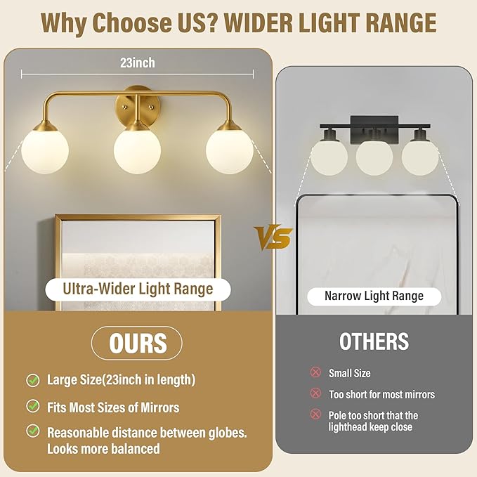 Bathroom Light Fixtures - 3 Light Brushed Brass Vanity Light Over Mirror for Bathroom Mirror Living Room Bedroom, Gold Bathroom Wall Sconce with Frosted Glass Shade, 3 G9 Bulbs Included