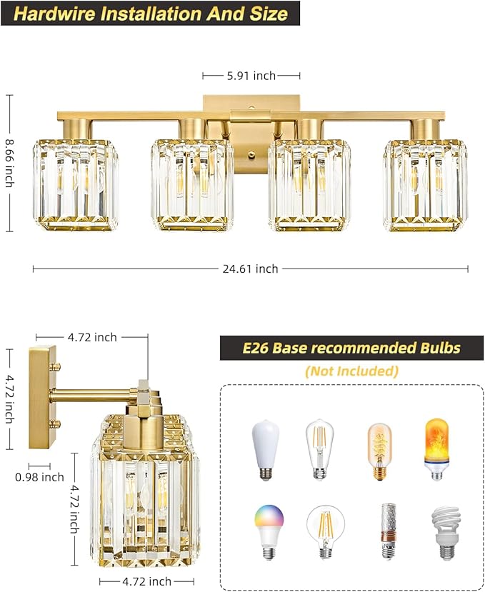 OKELI 4-Light Bathroom Light Fixtures, Modern Gold Crystal Wall Light for Bathroom,Lighting Fixtures Over Mirror