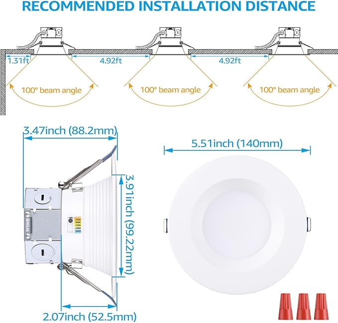TORCHSTAR 8-Pack 5CCT 4 Inch LED Integrated Canless LED Recessed Lighting with J-Box, Anti-Glare Deep Baffle, CRI90 Dimmable Ceiling Downlight, ETL Air Tight IC Rated, 2700K3000K3500K4000K5000K