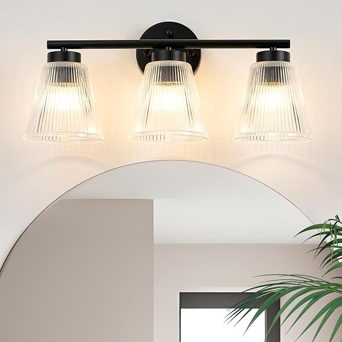 OCIOC Black Bathroom Vanity Lights, 3-Light Modern Bathroom Light Fixtures with Striped Glass Shade, Bathroom Wall Lamp over Mirror, for Living Room, Bedroom, Hallway,Cabinet Porch