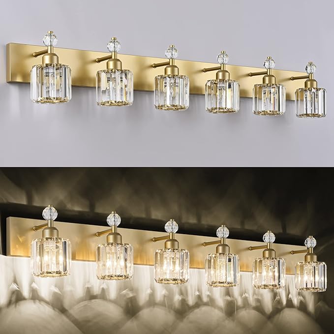 PRESDE Crystal 6 Light Bathroom Vanity Lights Gold Vanity Light for Bathroom Over Mirror Modern Wall Sconce