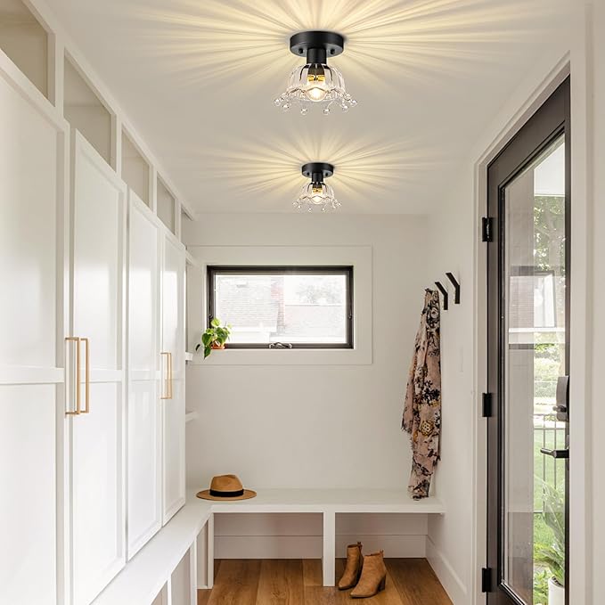 2 Pack Black Modern Ceiling Light, Small Kitchen Light Fixtures, Glass Semi Flush Mount Ceiling Light for Hallway, Foyer, Entryway, Laundry Room (7 in)