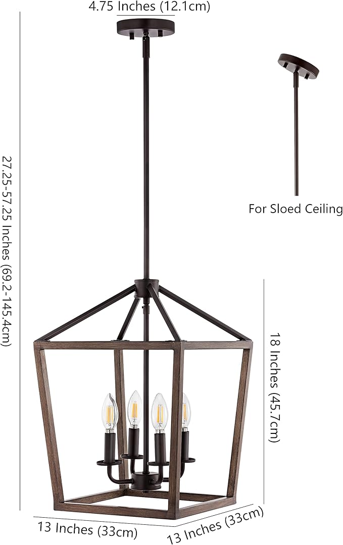JONATHAN Y 13" Oil Rubbed Bronze/Faux Wood 4-Light Farmhouse Lantern Pendant Light, LED Cage Chandelier for Kitchen Island, Foyer, Entry, Metal Wood Finish Shade, Bulbs Included (JYL1322A)