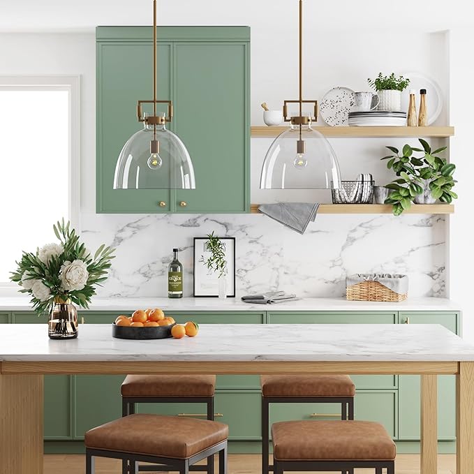 Nathan James Leigh Pendant Lighting, Hanging Ceiling Light with Oversized Glass Shade and Adjustable Cord, for Kitchen Island or Entryway, Vintage Brass/Clear