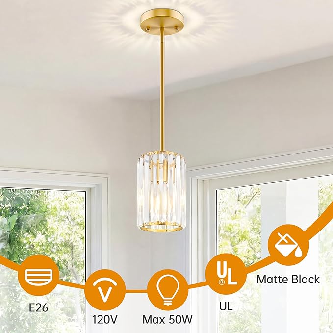 Gold Pendant Light, Modern Crystal Pendant Lights Kitchen Island, Kitchen Island Lighting with Adjustable Height, UL Certified Island Lights for Kitchen Dining Room Bedroom Hallway 3 Pack