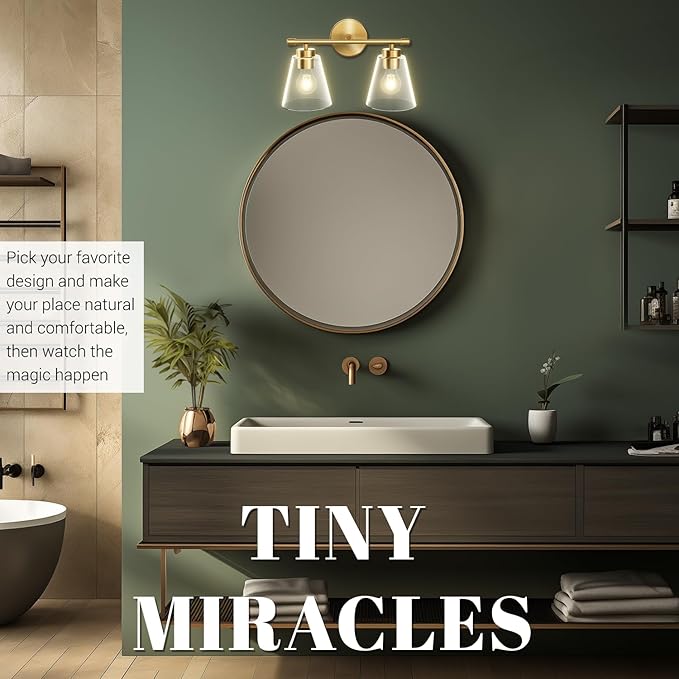 Hamilyeah Bathroom Vanity Light Fixtures Over Mirror, 2 Light Wall Light Fixture with Clear Glass Shade, Gold Sconces Wall Lighting for Bathroom, Kitchen, Living Room