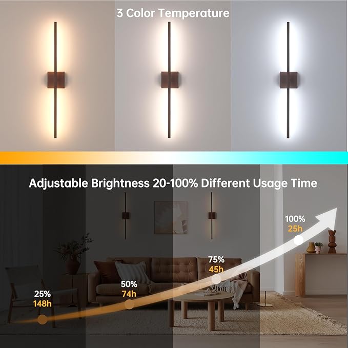 Shenmoyl Battery Operated Wall Sconce Set of 2, 10400mAh Rechargeable Wall Sconces, 3000K-6000K Dimmable, 350°Rotate, Indoor Wall Lights for Bedroom Living Room Bathroom, Black Walnut, 31.5 Inch