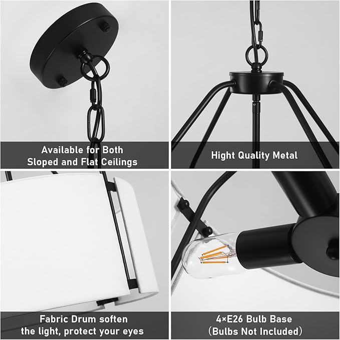 Drum Chandeliers, Modern 23'' Farmhouse Pendant Light Fixture with White Linen Fabric Shade, Black Round Adjustable Hanging Lights for Dining Room Bedroom Kitchen Living Room Foyer Entryway