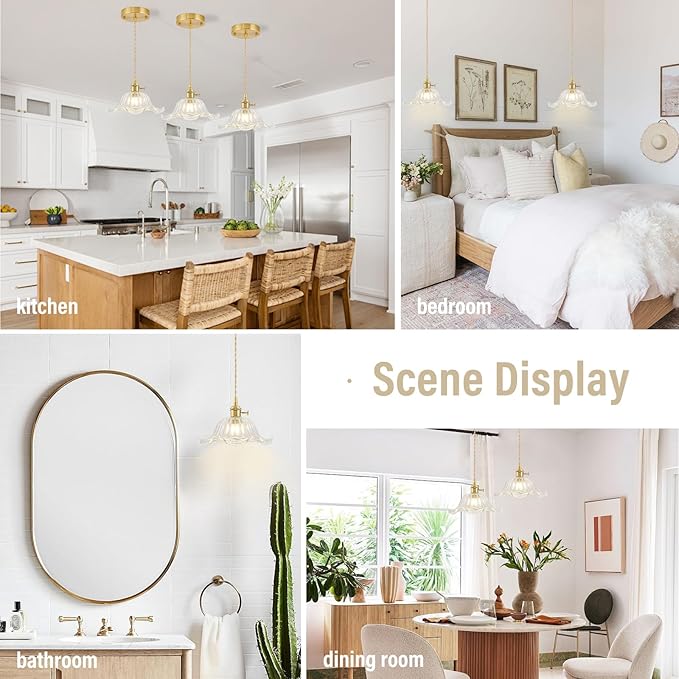 Vintage Pendant Lights Kitchen Island, Adjustable Brass Pendant Light Fixtures with Transparent Lily Glass Lampshade, Gold Kitchen Pendant Lighting Over Island, Pendant Light for Dining Room Hallway