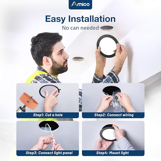 Amico 6 Pack 6 Inch 5CCT Ultra-Thin LED Recessed Ceiling Light with Junction Box, 2700K/3000K/3500K/4000K/5000K Selectable, 12W Eqv 110W, Dimmable Canless Downlight, 1050LM High Brightness,Black