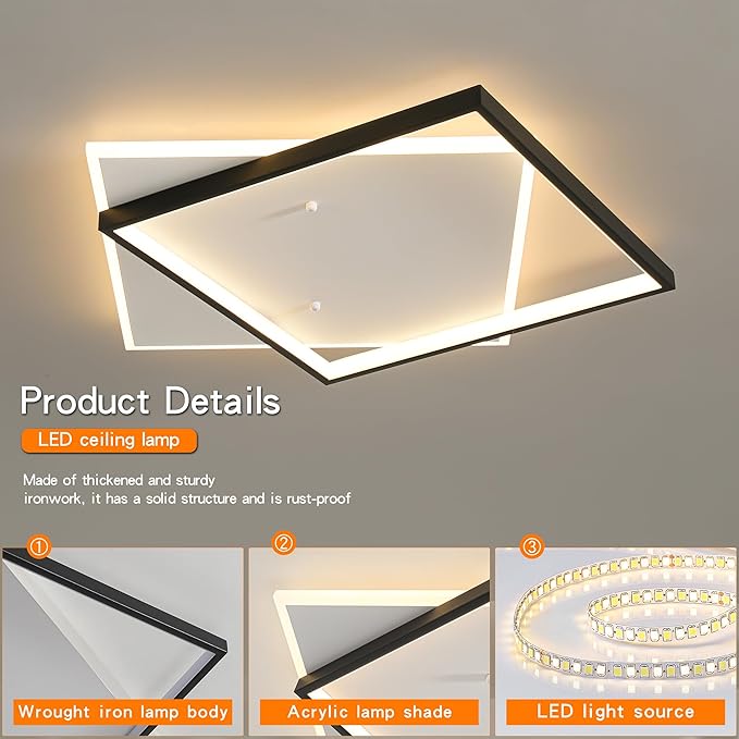 Black Modern LED Bedroom Ceiling Light Dimmable Flush Mount Ceiling Light Fixture 22" Square Ceiling Lamp with Remote Control Kitchen Lighting Fixture Ceiling,Suitable for Bedroom,Hallways