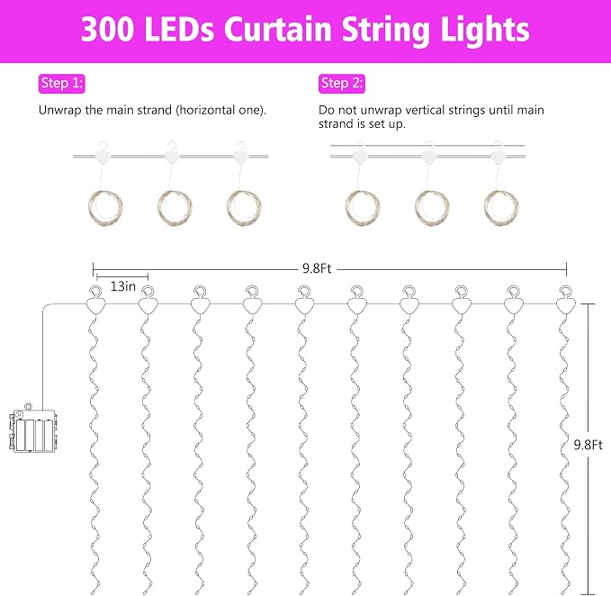 echosari Fairy Curtain Lights Battery Operated, 300 LED Indoor Curtain Lights 9.8 x 9.8Ft with Timer Hooks for Children' s Bedroom Wedding Backdrop Decor (Pink)