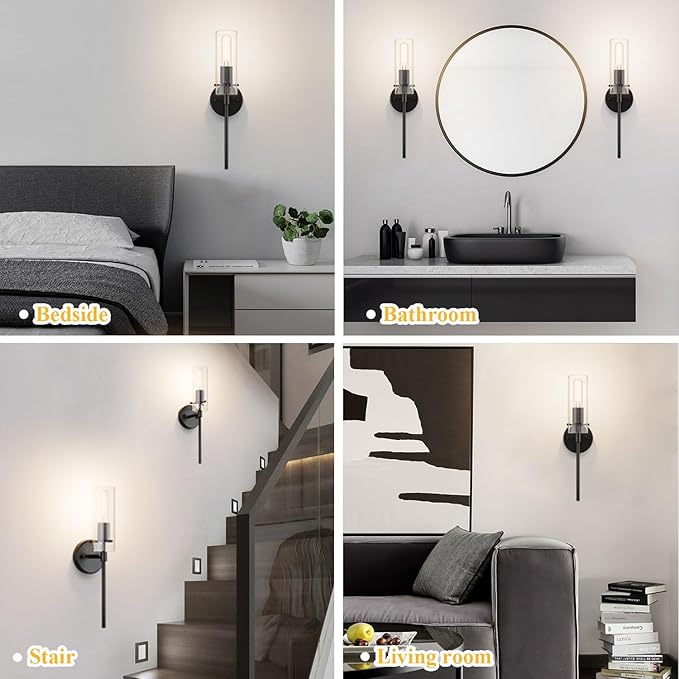 Wall Sconce Set of 2 Black Wall Light, Bathroom Vanity Light Fixture Modern Indoor Wall Light with Clear Glass Shade for Bathroom Bedroom Living Room Hallway Vanity