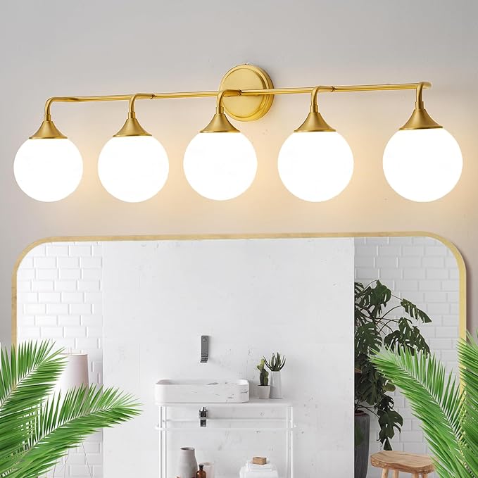 Gold Bathroom Light Fixtures, Modern Vanity Lights Over Mirror, Brushed Brass Wall Sconce Lighting 5-Light with Milky White Glass Ball Shades