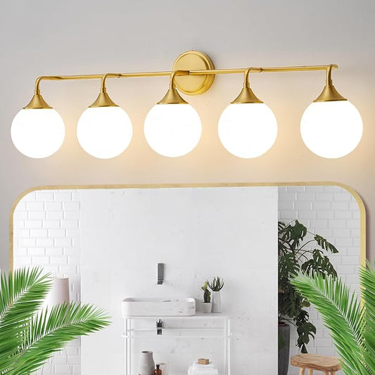Gold Bathroom Light Fixtures, Modern Vanity Lights Over Mirror, Brushed Brass Wall Sconce Lighting 5-Light with Milky White Glass Ball Shades