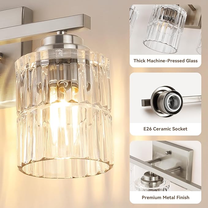 TALOYA 19 Inch Bathroom Light Fixtures,Modern 3-Light Brushed Nickel Vanity Lights with Wide Vertical Ribbed Thickened Glass Shade Wall Sconces for Mirror Makeup Room Hallway（Bulbs Not Included）