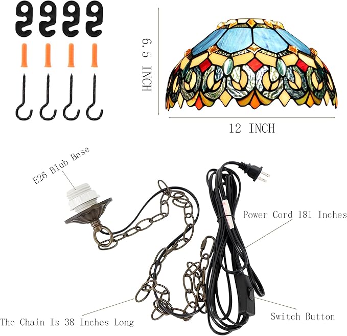 Tiffany Pendant Light Plug in Stained Glass Hanging lamp 12X12X181 Inch Hanging Lamp Living Room Bedroom Kitchen Dining Room Office（Blue Baroque Style