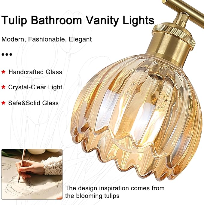 Gold Bathroom Light Fixture, 3-Light Bathroom Vanity Light Over Mirror with Ribbed Amber Tulip Glass Shade, Brass Wall Scone Lighting for Farmhouse, Bedroom,Living Room,Hallway